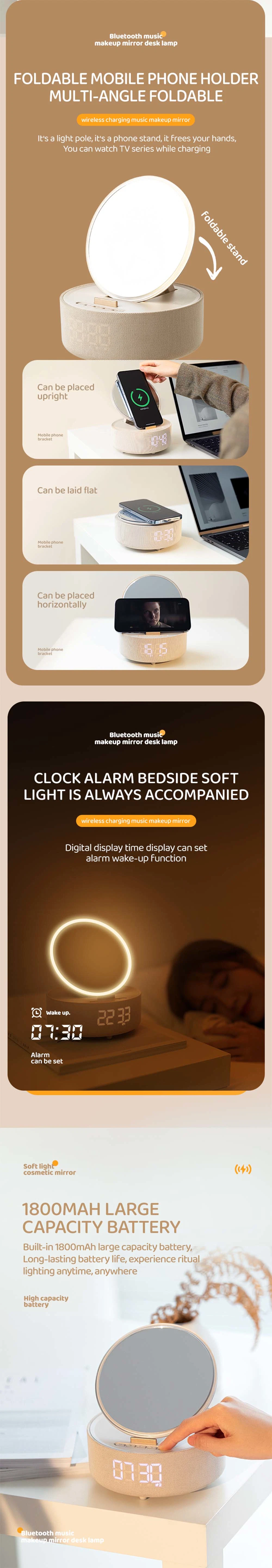 S33 Wireless Charger Mobile Holder LED Lamp Light Alarm Clock Mirror Speaker